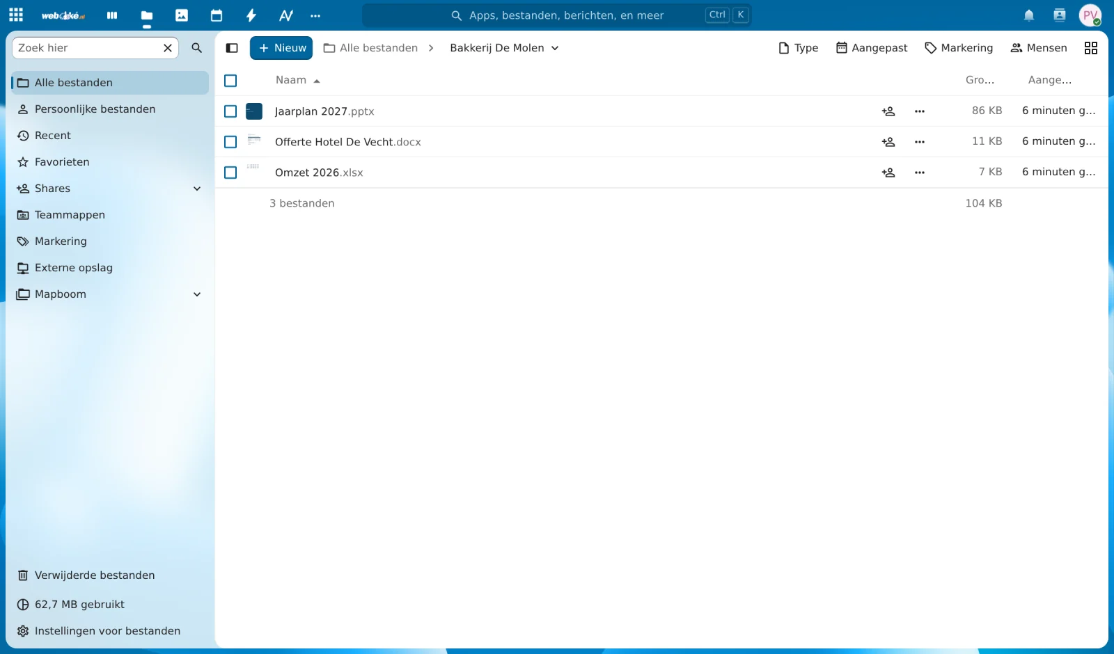 Fișiere în Nextcloud; un clic pe un document îl deschide în Euro-Office
