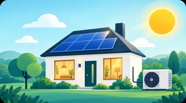 Ilustrație a unei case cu panouri solare și o pompă de căldură