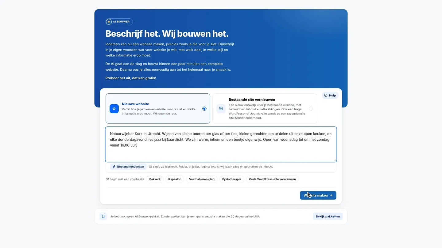 Ecranul de start al AI Builder: la Site nou se vede descrierea unui bar cu vinuri naturale din Utrecht, iar în dreapta jos butonul pentru crearea site-ului.