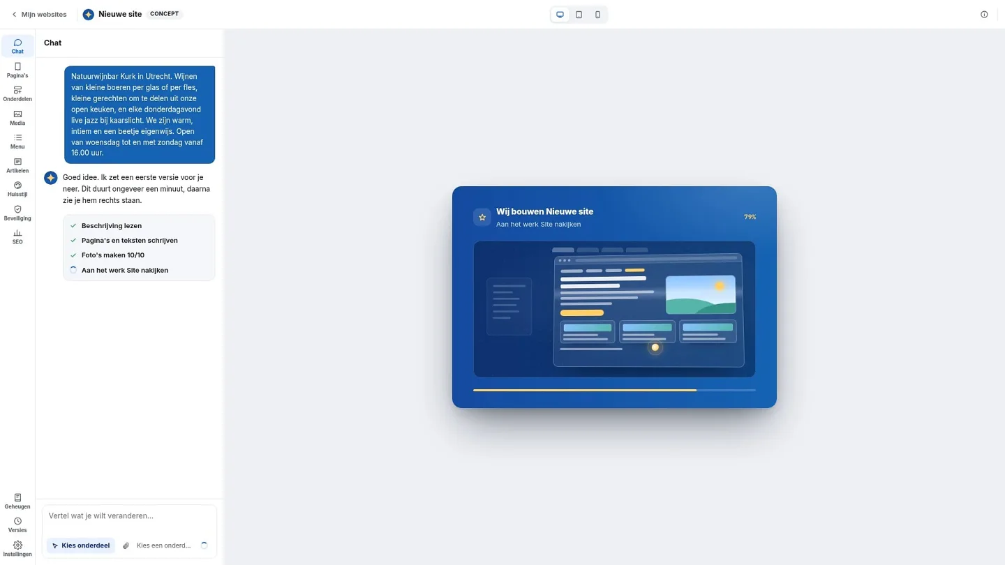 AI Builder construiește site-ul: în stânga, în chat, pașii sunt bifați, iar în dreapta se umple o bară de progres.
