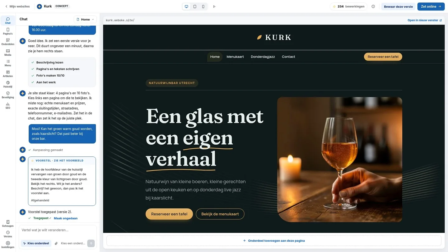 Site-ul finalizat al barului de vinuri Kurk, cu butonul de publicare în dreapta sus.